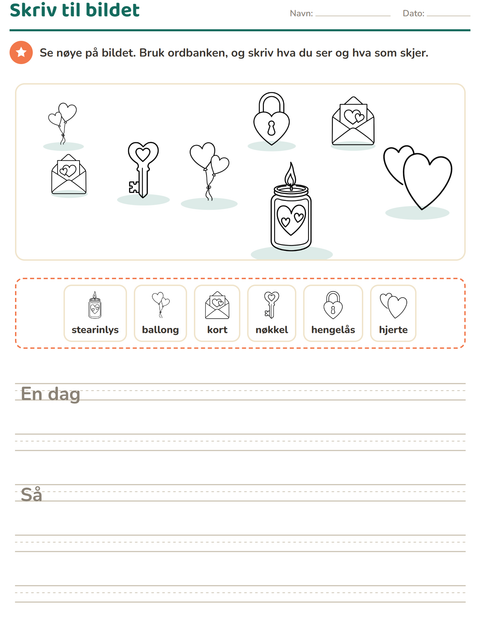 Forhåndsvisning av Skriv til bildet-arbeidsark med Valentinsdag SH for 2. trinn