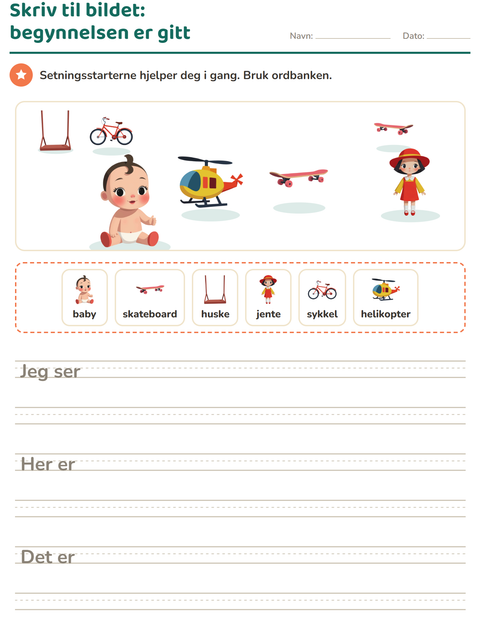 Forhåndsvisning av Skriv til bildet-arbeidsark med Leker for 2. trinn