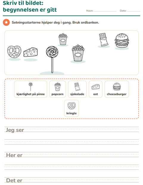 Forhåndsvisning av Skriv til bildet-arbeidsark med Mat SH for 2. trinn
