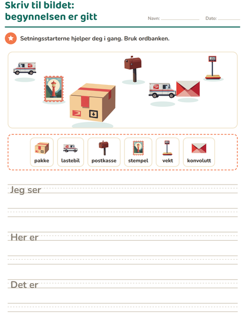 Forhåndsvisning av Skriv til bildet-arbeidsark med Postkontor for 2. trinn