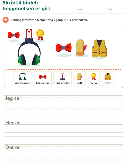 Forhåndsvisning av Skriv til bildet-arbeidsark med Tilbehør for 2. trinn