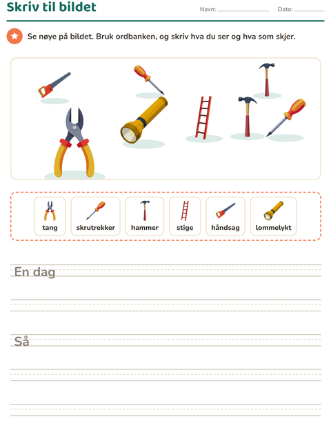 Forhåndsvisning av Skriv til bildet-arbeidsark med Verktøy for 2. trinn
