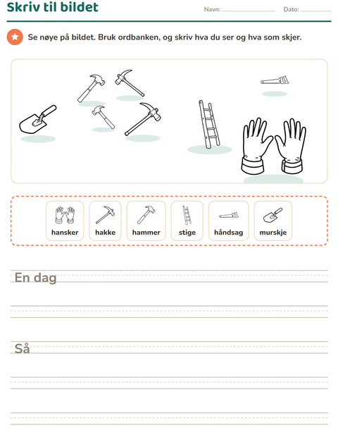 Forhåndsvisning av Skriv til bildet-arbeidsark med Verktøy SH for 2. trinn