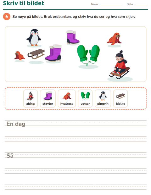 Forhåndsvisning av Skriv til bildet-arbeidsark med Vinter for 2. trinn