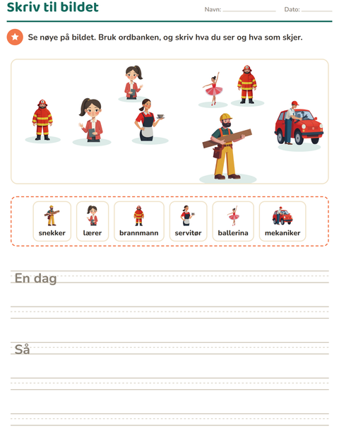 Forhåndsvisning av Skriv til bildet-arbeidsark med Yrker for 2. trinn
