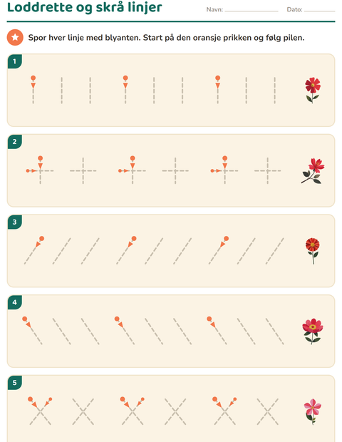 Forhåndsvisning av Skriveforberedende øvelser-arbeidsark med Blomster for Barnehage (5-7 år)