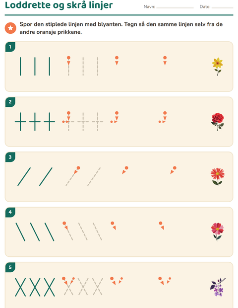 Forhåndsvisning av Skriveforberedende øvelser-arbeidsark med Blomster for Barnehage (5-7 år)