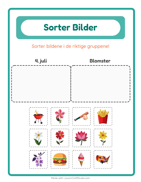 Forhåndsvisning av Sorter Bilder-arbeidsark for Barnehage (5-7 år)