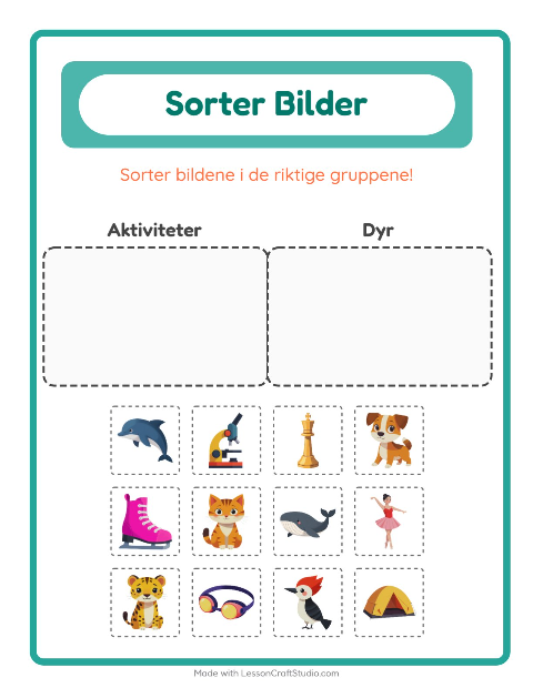 Forhåndsvisning av Sorter Bilder-arbeidsark for Barnehage (5-7 år)