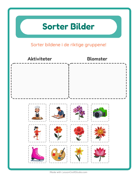 Forhåndsvisning av Sorter Bilder-arbeidsark for Barnehage (5-7 år)