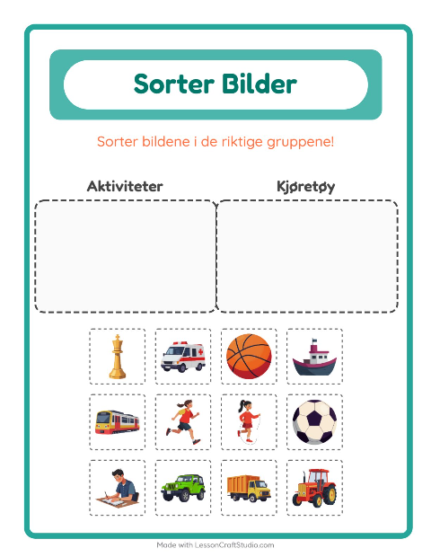 Forhåndsvisning av Sorter Bilder-arbeidsark for Barnehage (5-7 år)