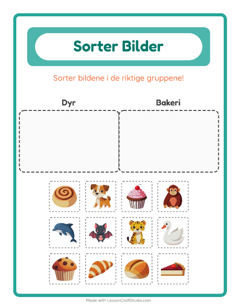 Forhåndsvisning av Sorter Bilder-arbeidsark for Barnehage (5-7 år)