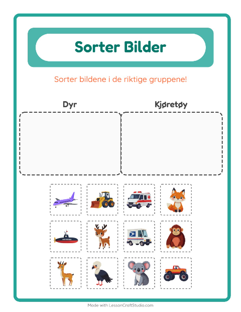 Forhåndsvisning av Sorter Bilder-arbeidsark for Barnehage (5-7 år)