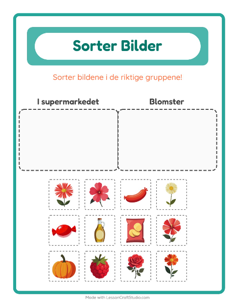 Forhåndsvisning av Sorter Bilder-arbeidsark for Barnehage (5-7 år)