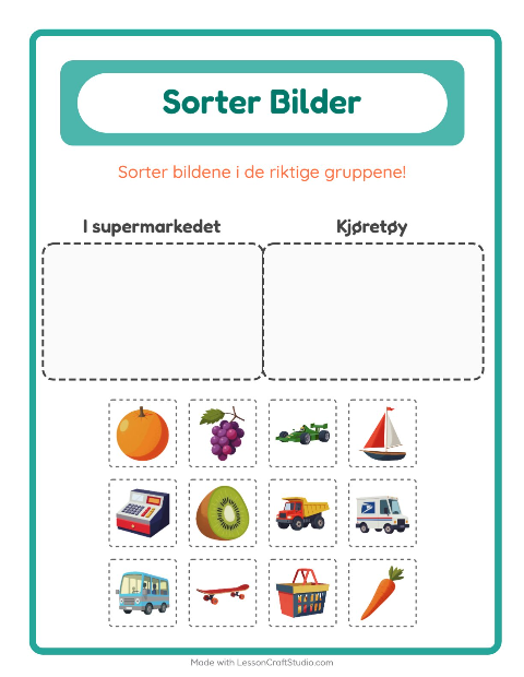 Forhåndsvisning av Sorter Bilder-arbeidsark for Barnehage (5-7 år)