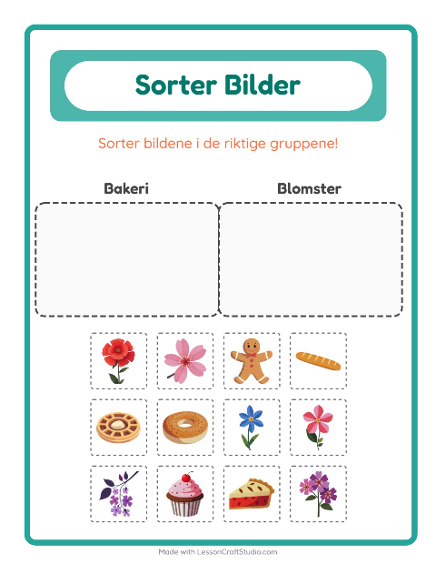 Forhåndsvisning av Sorter Bilder-arbeidsark for Barnehage (5-7 år)