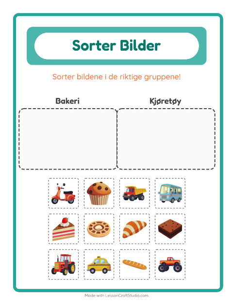 Forhåndsvisning av Sorter Bilder-arbeidsark for Barnehage (5-7 år)