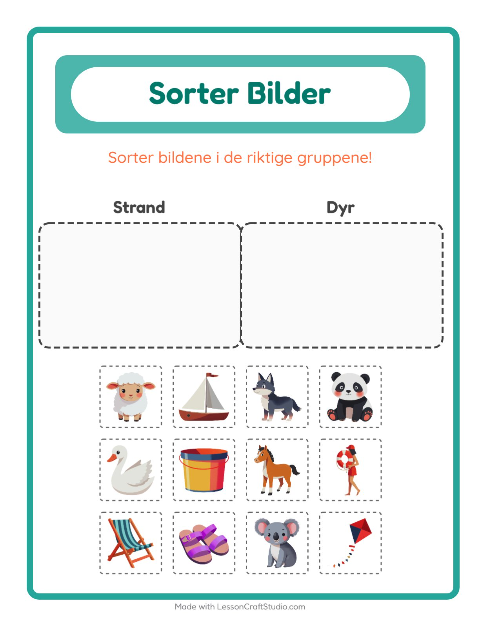 Forhåndsvisning av Sorter Bilder-arbeidsark for Barnehage (5-7 år)