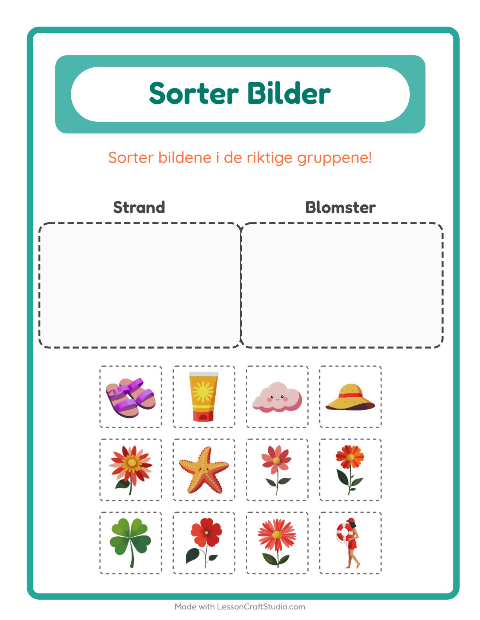 Forhåndsvisning av Sorter Bilder-arbeidsark for Barnehage (5-7 år)