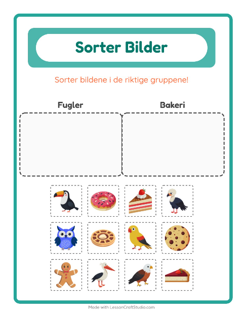 Forhåndsvisning av Sorter Bilder-arbeidsark for Barnehage (5-7 år)