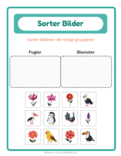 Forhåndsvisning av Sorter Bilder-arbeidsark for Barnehage (5-7 år)