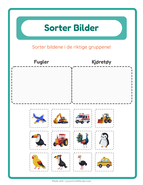 Forhåndsvisning av Sorter Bilder-arbeidsark for Barnehage (5-7 år)