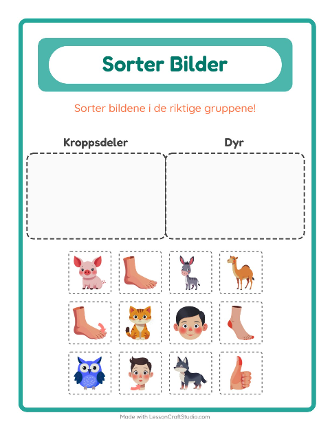 Forhåndsvisning av Sorter Bilder-arbeidsark for Barnehage (5-7 år)