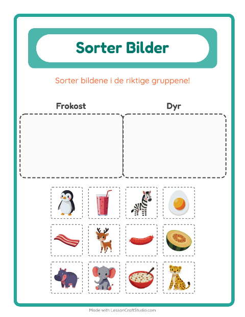 Forhåndsvisning av Sorter Bilder-arbeidsark for Barnehage (5-7 år)