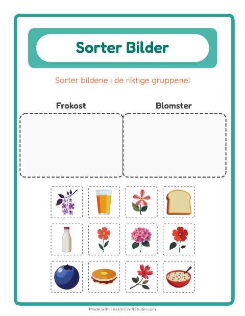 Forhåndsvisning av Sorter Bilder-arbeidsark for Barnehage (5-7 år)