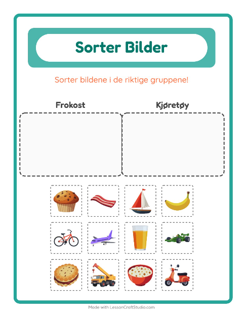Forhåndsvisning av Sorter Bilder-arbeidsark for Barnehage (5-7 år)