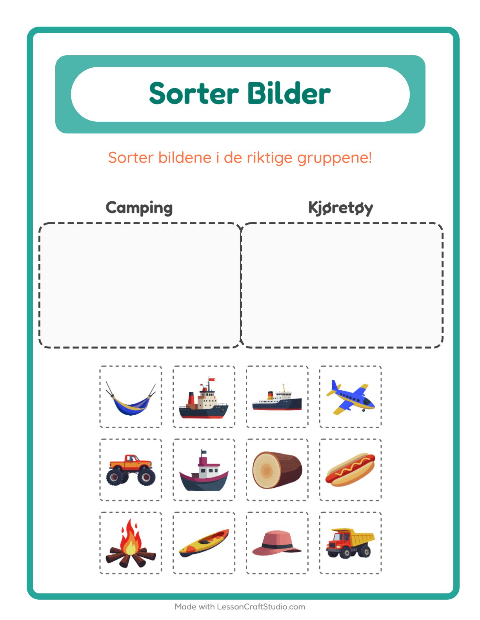 Forhåndsvisning av Sorter Bilder-arbeidsark for Barnehage (5-7 år)