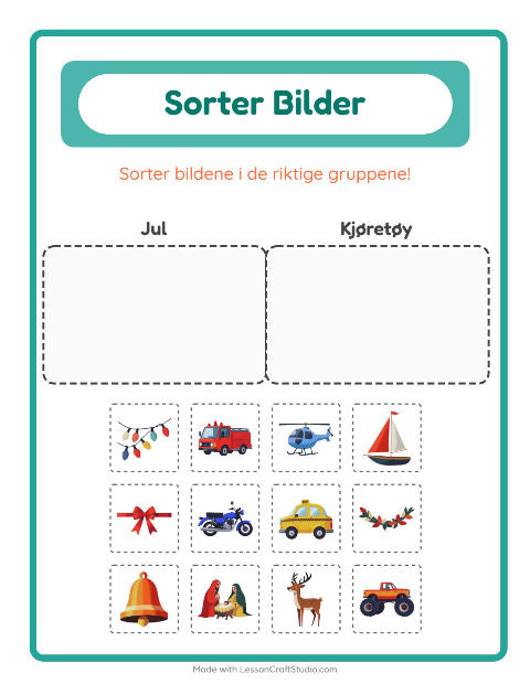 Forhåndsvisning av Sorter Bilder-arbeidsark for Barnehage (5-7 år)