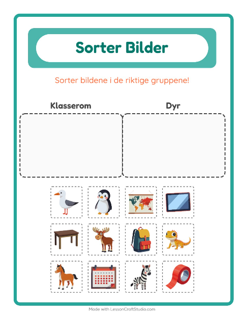 Forhåndsvisning av Sorter Bilder-arbeidsark for Barnehage (5-7 år)