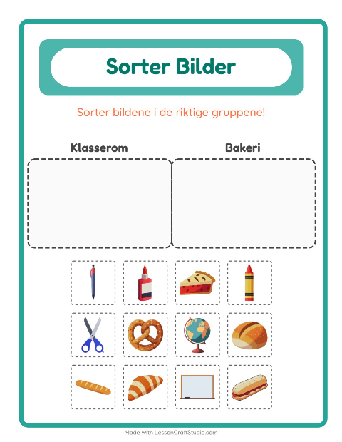 Forhåndsvisning av Sorter Bilder-arbeidsark for Barnehage (5-7 år)