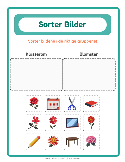 Forhåndsvisning av Sorter Bilder-arbeidsark for Barnehage (5-7 år)