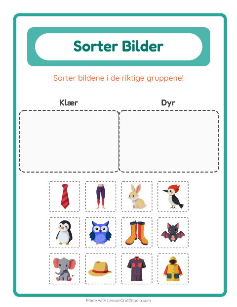 Forhåndsvisning av Sorter Bilder-arbeidsark for Barnehage (5-7 år)