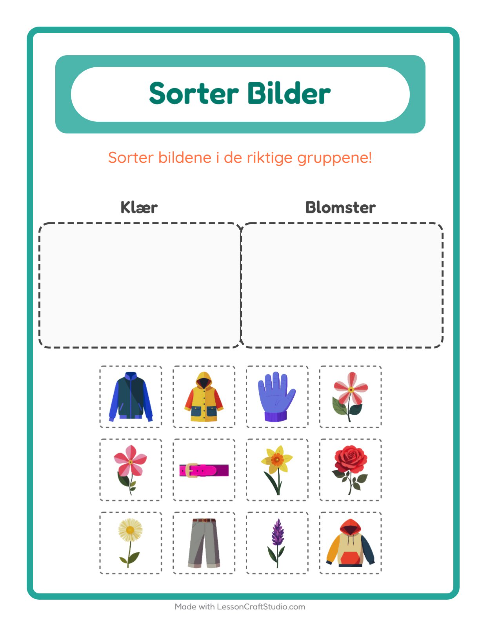 Forhåndsvisning av Sorter Bilder-arbeidsark for Barnehage (5-7 år)