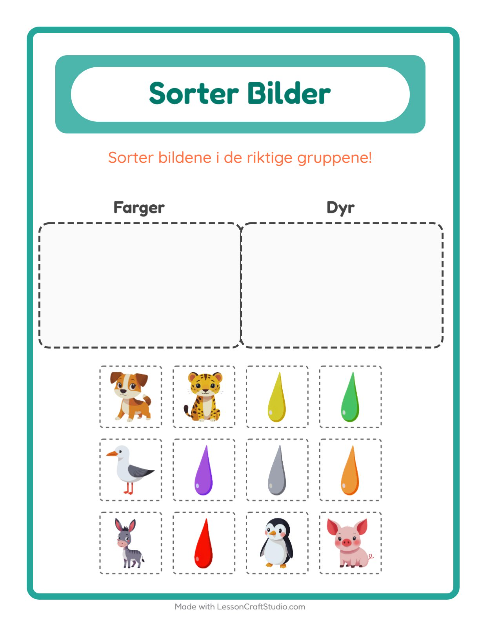 Forhåndsvisning av Sorter Bilder-arbeidsark for Barnehage (5-7 år)