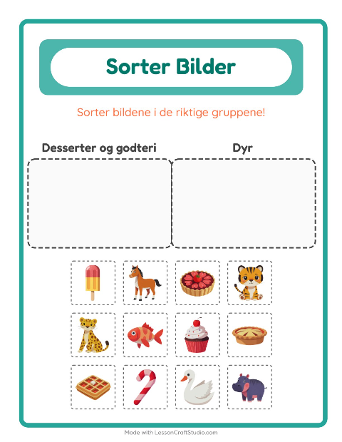 Forhåndsvisning av Sorter Bilder-arbeidsark for Barnehage (5-7 år)