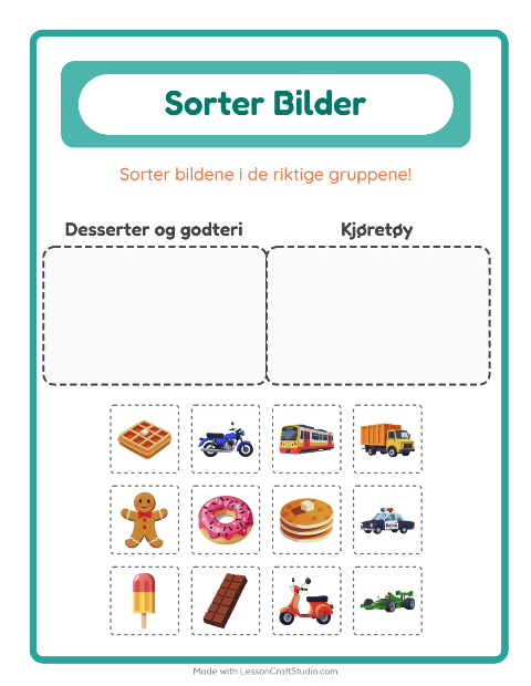 Forhåndsvisning av Sorter Bilder-arbeidsark for Barnehage (5-7 år)