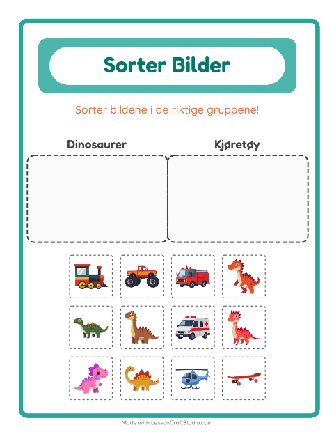 Forhåndsvisning av Sorter Bilder-arbeidsark for Barnehage (5-7 år)