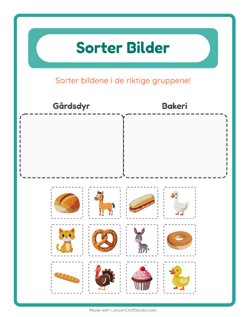Forhåndsvisning av Sorter Bilder-arbeidsark for Barnehage (5-7 år)