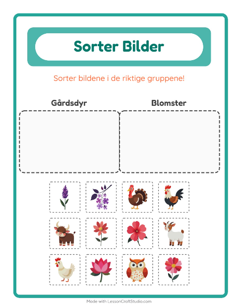 Forhåndsvisning av Sorter Bilder-arbeidsark for Barnehage (5-7 år)