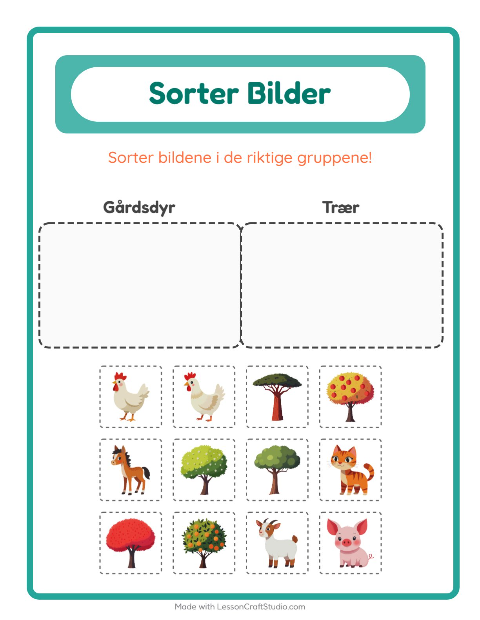 Forhåndsvisning av Sorter Bilder-arbeidsark for Barnehage (5-7 år)