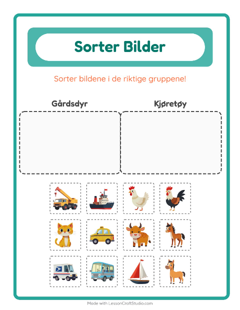 Forhåndsvisning av Sorter Bilder-arbeidsark for Barnehage (5-7 år)
