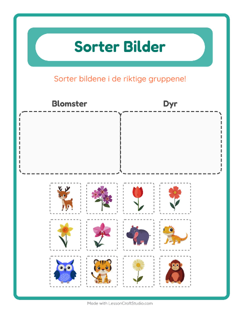 Forhåndsvisning av Sorter Bilder-arbeidsark for Barnehage (5-7 år)