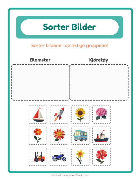 Forhåndsvisning av Sorter Bilder-arbeidsark for Barnehage (5-7 år)