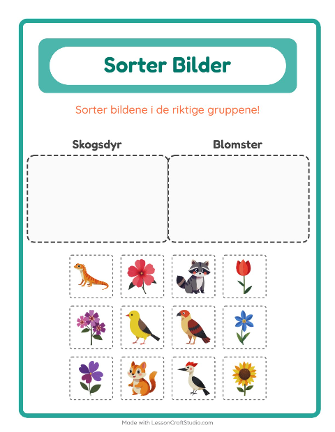 Forhåndsvisning av Sorter Bilder-arbeidsark for Barnehage (5-7 år)