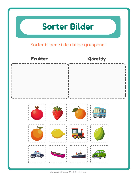 Forhåndsvisning av Sorter Bilder-arbeidsark for Barnehage (5-7 år)