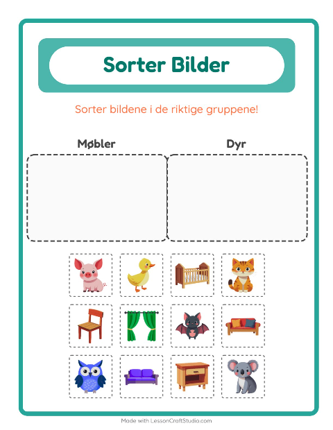 Forhåndsvisning av Sorter Bilder-arbeidsark for Barnehage (5-7 år)